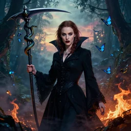 hyperrealistic portrait of amber heard as a vampire witch in a black coat druid scythe flying snakes sapphire butterflies in a mystic smoke fog sky at dusk jungle fire. by jeremy mann and alphonse mucha, fantasy art, photo realistic, dynamic lighting, artstation, poster, volumetric lighting, very detailed faces, medium shot, 4 k, award winning