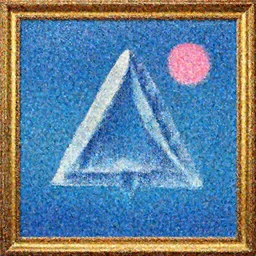 painting of a blue crystal sky, crystal triangle glitter, 🫖 fourth dimension impossibly shaped painting, gold framed painting 🔮, backrooms level found footage reality emulation, pink sun