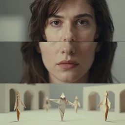 beautiful three point perspective film still of funky pop origami holly herndon character study scene in merce cunningham, extreme closeup portrait in style of frontiers in miniature porcelain photography fashion architectural art studio seinen manga edition, origami statues, pointe pose, tilt shift background, soft lighting, kodak portra 4 0 0, 8 k, macro, cinematic style by emmanuel lubezki