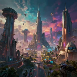 a futuristic civilisation by john berkey, colourful dramatic lighting, octane render