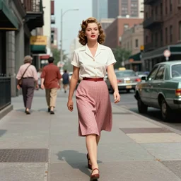 the image is a lost hollywood film still 1 9 4 0 s photograph of a woman going for a walk in the city. vibrant cinematography, anamorphic lenses, crisp, detailed image in 4 k resolution.