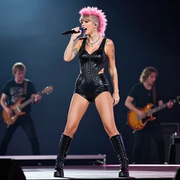 full body shot of sexy taylor swift covered in tattoos with a pink mohawk, performing a scream on stage in a metal band