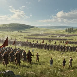 A Kievan Rus army medieval landscape of the army with Tzars and flags by simon stålenhag, rendered by Beeple, by Makoto Shinkai, syd meade, concept, digital art, unreal engine, WLOP, trending on artstation, 4K UHD image, octane render,