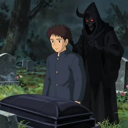 a 50 year old brunnete chinese man Standing at a funeral in a cemetery next to the grim reaper, horror scene, dramatic, anime art, Greg Rutkowski, studio ghibli, dramatic lighting