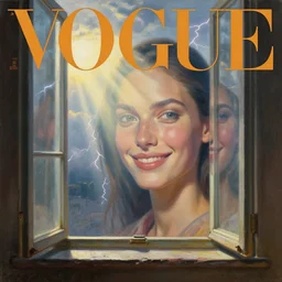 3 d, sci - fi, morning, old window, smiling fashion model face, sun rays, lightning clouds, vogue cover style, morning colors mood, cinematic, realistic painting, intricate oil painting, high detail, figurative art, multiple exposure, poster art, 3 d, by stanley kubrick and tooth wu and wlop and beeple and greg rutkowski