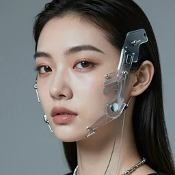 portrait of a beautiful futuristic woman layered with high-tech jewelry wrapping around her face and head, 2054