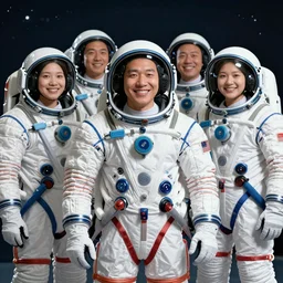 portrait of a team of jubilant space explorers in advanced spacesuits with detailed facial features, with a utopian orbital solar farm in the background, in space, insanely detailed and intricate, golden ratio, elegant, ornate, elite, haunting, matte painting, cinematic, cgsociety, miyazaki, vivid and vibrant