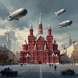 distopian russian city in the future with red square in background soviet spaceships in the sky, by greg rutkowski