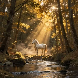 A matte painting of a river bank in a forest during the golden hour in autumn,  unicorn, surrounded by dust and volumetric light shining through the tree tops