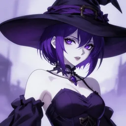 Beautiful grown up anime women as a evil witch with purple short hair , pale white skin, artstation , 4K , Highly detailed , high quality
