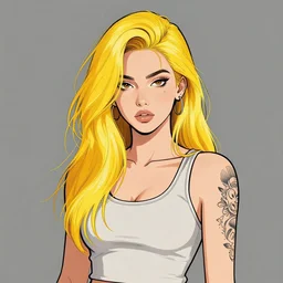 character portrait of a cool latina girl with long golden yellow messy hair, wearing a tanktop, lesbian, tattooed arm, highly detailed, stylized, medium shot, vector line art, clean cel shaded vector art, by ross tron, lois van baarle, artgerm, helen huang, makoto shinkai, ilya kuvshinov, rossdraws