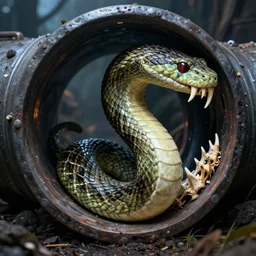 snake man slithering out of a pipe with teeth made of whale bones nightmare found footage