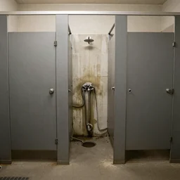 prison bathroom with broken stall doors and broken showers, moldy and musty, locked, endless maze