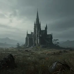 A serene landscape with a singular building in the style of  dark fantasy