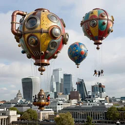 large colorful futuristic space age metallic steampunk balloons with pipework and electrical wiring around the outside, and people on rope swings underneath, flying high over the beautiful london city landscape, professional photography, 8 0 mm telephoto lens, realistic, detailed, photorealistic, photojournalism