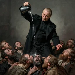 martyr's pose, hyperrealistic photo boris yeltsin pours lead down the throats of sinners, muted color, deep shadows and light, super detail, very detailed drawing, 8 k, cinematic lighting, epic composition, stylization for real life, stylization for social realism, fashionable art station, very high detail, stunning, hdr, smooth, clear focus, high resolution, award - winning photography, slr camera, 5. 0 mm