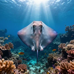 a beautiful stingray : 0. 1, symmetrical, underwater scenery, beautiful colorful corals, african cichlids and other species of small tropical ocean life, volumetric lighting, symmetry, perfect, god - rays, - wallpaper