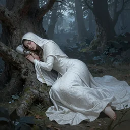 wide angle, cloaked woman, sleeping on base of tree, white grey blue color palette, eyes closed, forest, female, d & d, fantasy, intricate, elegant, highly detailed, long brown hair, digital painting, artstation, octane render, concept art, matte, sharp focus, illustration, hearthstone, art by artgerm, alphonse mucha johannes voss