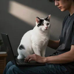Casey a white and black cat, sitting on the lap of his owner who is using a computer while petting the cat