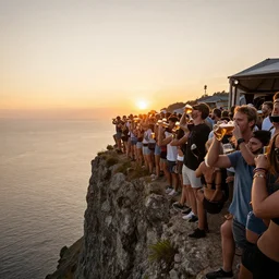 epic party with 1 0 0 people on the edge of a cliff drinking heineken beer, sunset