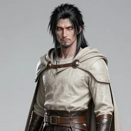 Photo of the character with pale ash-colored skin, yellow cat-eyes with vertical pupils, black thick hair with a touch of gray to the shoulders, with neat stubble, similar to a small beard and with a strong build. He wore a plain old shirt, with a light leather armor over it, and leather pants with a belt, and a floor-length hooded cloak over his back, beautiful light, cinematic, sharp focus, digital art, full body, elegant, highly detailed, 8k, photorealism