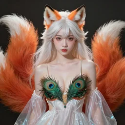 prompt A beautiful portrait of a white red orange kumiho, translucent silky dress, a bra made of peacock feathers, close up front view, long clumpy hair in the shape of fox tail, backlit, concept art, matte painting, by Peter Mohrbacher