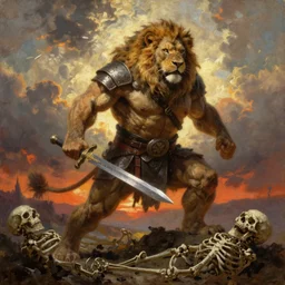 oversized muscular lion as barbarian with chest armor and sword in epic battle pose  standing on dead skeleton, very textured detailed oil painting panoramic backlight portrait by rembrandt, backlight, dramatic clouds ,sunset