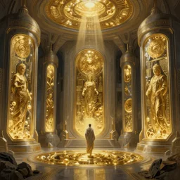 a background matte painting for a high tech science fiction religious room with chambers of bubbling liquid gold intricate digital painting artstation concept art smooth sharp focus illustration, art by artgerm and paul chadeisson and greg rutkowski and alphonse mucha