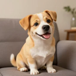 a smiling dog sitting on a couch with its head cocked to the side. highly detailed artstation