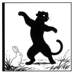 a still frame from comic strip, black fluffy leopard dancing with rabbit in a field 1 9 5 0, silhouette, herluf bidstrup, new yorker illustration, monochrome contrast bw, lineart, manga, tadanori yokoo, simplified,