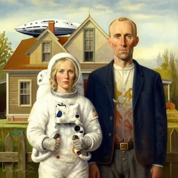 an astronaut couple in front of farm house American Gothic style, spaceship in background, 8k, digital art, drawn by j.c. leyendecker, amazing quality