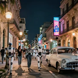 street view of futuristic robot havana city at night by cyril rolando and naomi okubo and dan mumford and ricardo bofill. robots. robots walking the streets. advertisements for robots. robotic elegant lamps. robotic classic car.