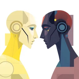 a digital art depicting a two ai android facing each other cubism minimalism