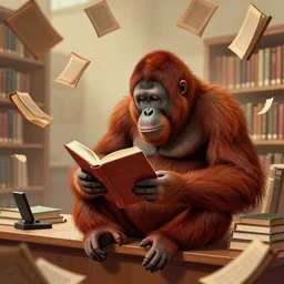 an orangutan sitting on a desk, reading a book in a library, books flying everywhere, epic, master, illustration, concept art, 4 k