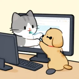 cat and dog fixing the website on a computer, cartoon