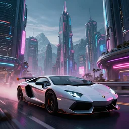 epic professional digital art of photorealistic synthwave lamborghini driving through neon cyberpunk futuristic city towers, mountains in background, intricate, detailed, much wow, much detail, by john norton