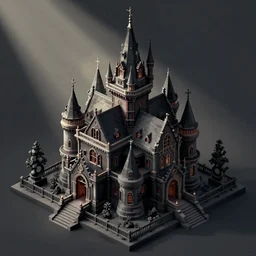 isometric concept art of a dark mansion, for a horror video game