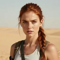 fantasy concept art, frontal portrait of a young woman, auburn hair in a ponytail, natural makeup, athletic, slavic features, serious demeanor, ( tomb raider ), desert background, in the style of ruan jia, high detail, uplit, 8 k