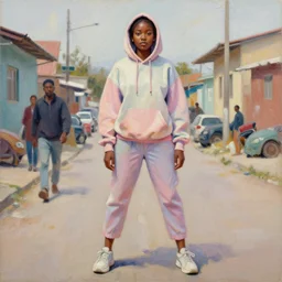 ( ( yolandi visser ) ) samara weaving from die antwoord by martine johanna and donato giancola, wearing a hoodie, standing in a township street, street fashion outfit,!! haute couture!!, full figure painting by john berkey, david choe, ismail inceoglu, pastel color, detailed impasto brush strokes, 2 4 mm lens