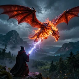 a powerful flying fire Dragon fighting against a Wizard which shoots lightning  in the foreground, big Mountains and wide forrests are in the Background, stormy weather at night ,cinematic Style, hyperrealistic