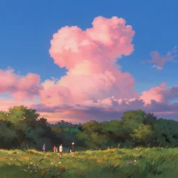 a deep blue sky with pink cloud, an open field of people prospect park anime film studio ghibli manga style golden hour sunset insane quality