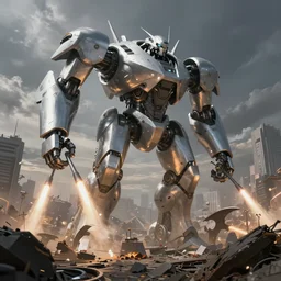 army of giant silver aerodynamic and elegant robots shoot missiles on battlefield, ruined city environment, render, ray tracing, jakub rozalski art style, dramatic, artstation,