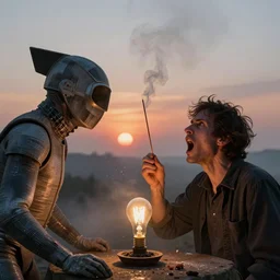 sphinx and screaming man painted by francis bacon, sunset, mist, smoke, void, light bulb, incense, complex, detailed, stardust, particles, flash photography, volumetric lighting, realistic, high quality, by juergen teller, terry richardson, william turner