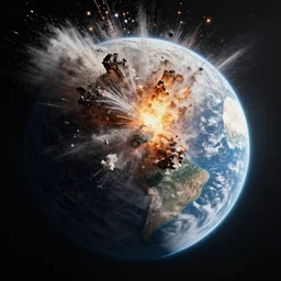 the Moon crashing with Planet Earth, viewed from space, epic scene, enormous collision, cinematic lighting, cinematic composition, 4k
