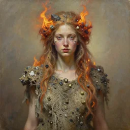 portrait oil painting [ single subject in view ] full medium shot | front close - up | dressed in long rags with minerals, fire in your hair, ethereal, accurate goddess, tiny mineral embellishments on the face, particles, octane render, devianart, fine art, intrincate. by peter mohrbacher, marc simonetti, anna podedwor