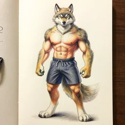 master furry artist colored pencil drawing full body portrait character study of the anthro male anthropomorphic wolf fursona animal person wearing gym shorts bodybuilder at gym