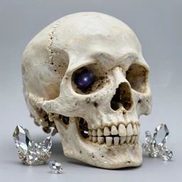 a beautiful cthulhu skull with multiverses and galaxies inside. a small ornament of precious crystals growing from bones. glass and smoke. subject photography. macro. soft key. octane render, maya render. high detail. realism. sharp focus. trending on artstation