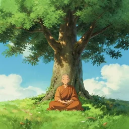 Meditating Buddhist monk sat  at the base of a large tree on top of a green hill artwork by studio Ghibli, highly detailed, masterpiece, trending on artstation, 4k