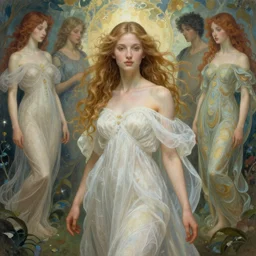 beautiful young goddess by zdzisław beksinski, iris van herpen, jean delville, jeffrey smith, frank cadogan cowper, and alphonse mucha, detailed whimsical ethereal beautiful portrait, beautifully lit, visionary, ai biodiversity, otherworldly, surreality, wonderful majestic dreamscape