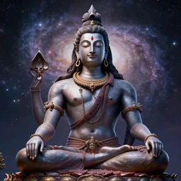 lord shiva, meditating, fine details, perfect face, galaxy, indian temple, photorealism, octane render, subtle shadows, hyper detailed